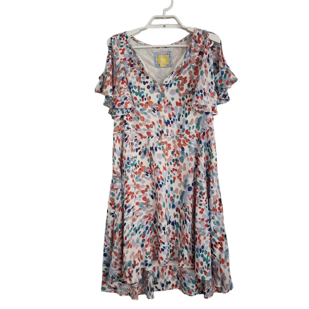 Maeve Flutter-Sleeve Cold Shoulder Midi Dress Watercolor Abstract Polka Dot